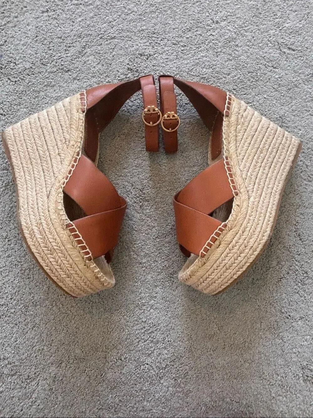 NWOB Tory Burch Brown Leather Espadrille Platform Wedge Sandals, Sz 6, $295